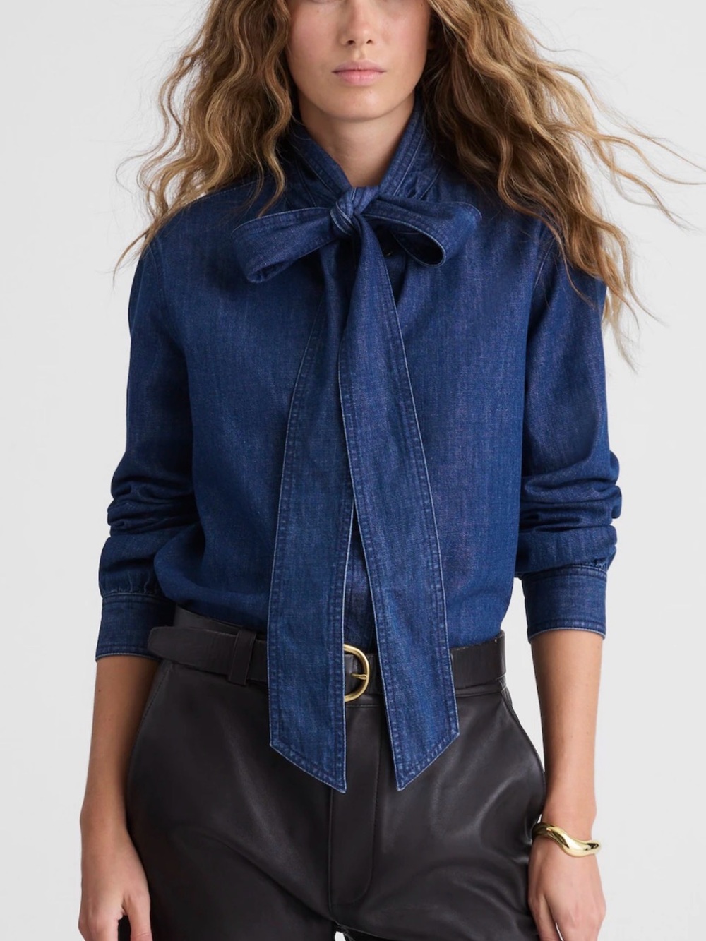 Madewell Dark Blue Denim Tie-Neck Button Down Shirt